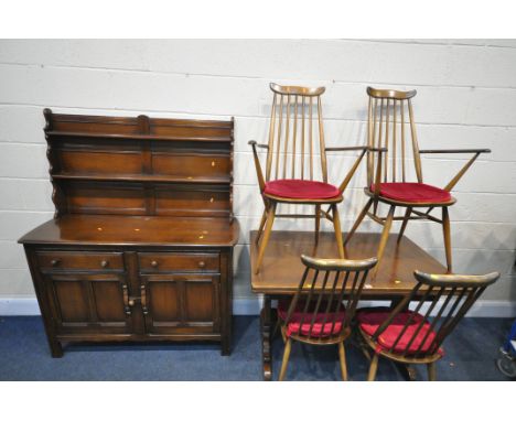 AN ERCOL SIX PEICE DINING SUITE, comprising an extending dining table, open length 176cm x closed length 114cm x depth 72cm x