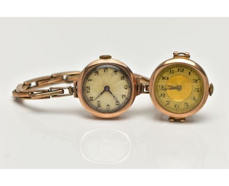 TWO CIRCA 1930'S 9CT GOLD WATCHES, the first a manual wind watch, round silver engine turned pattern dial, Arabic numerals, b