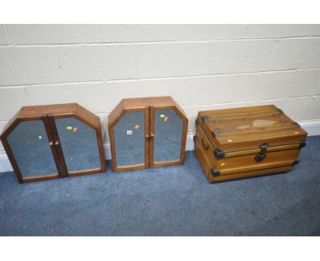 A PAIR OF OAK MIRRORED TWO DOOR CABINETS, and a metal trunk (condition - signs of usage to trunk)