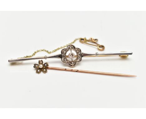 AN EARLY 20TH CENTURY BAR BROOCH AND STICK PIN, the first a central old cut diamond in a milgrain setting accented with a sur