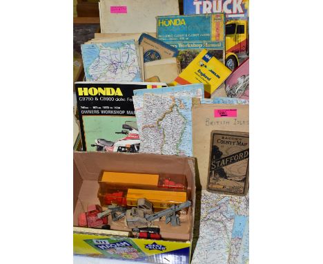 EPHEMERA &amp; DIECAST VEHICLES, two boxes one containing two Majorette model trucks and trailers, a Matchbox truck and Texac