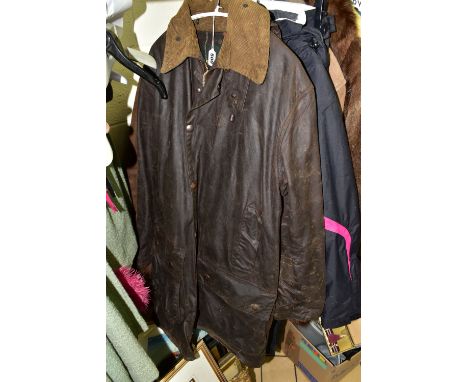 A GROUP OF VINTAGE CLOTHING, comprising a Barbour 'Northumbria'  jacket men's size large with a detachable hood, a Bailys bro