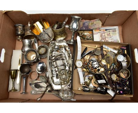 A BOX OF ASSORTED WHITE METAL WARE WITH COSTUME JEWELLERY, to include an EP toast rack, two white metal goblets, a coal scutt