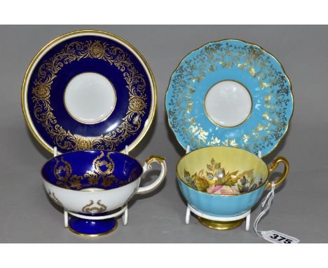 TWO AYNSLEY CABINET TEACUPS AND SAUCERS, comprising a turquoise cup and saucer, the interior of the cup decorated with flower