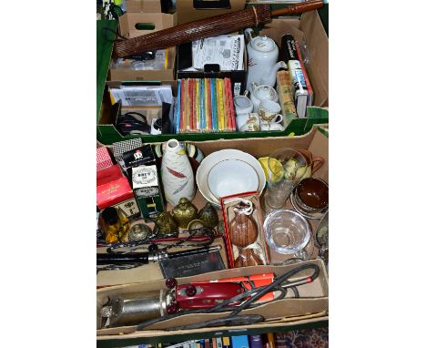 TWO BOXES OF CERAMICS, VINTAGE AFTERSHAVES AND MISCELLANEOUS ITEMS, to include a 1950s Vulcan Ware vase decorated with red, g