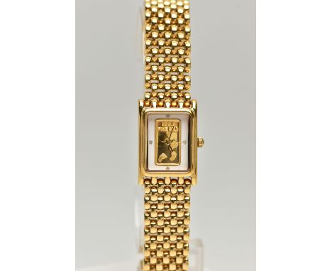 A LADY'S WRISTWATCH, quartz movement, rectangular dial with a 999.9 fine gold 1g ingot dial, dot markers at the three, six, n