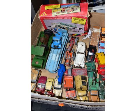 A BOX OF UNBOXED AND ASSORTED PLAYWORN DIECAST VEHICLES, to include Dinky Toys Standard Vanguard, No.153, Riley Saloon, No.15