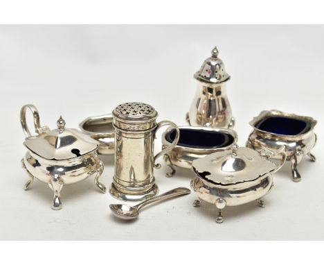 A GROUP OF FOUR SILVER CRUET ITEMS, TOGETHER WITH A SMALL QUANTITY OF EPNS ITEMS, to include a late Victorian silver muffinee