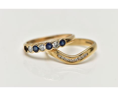 TWO 9CT GOLD GEM SET RINGS, the first a yellow gold, half eternity ring set with three blue sapphires (one stone is missing) 