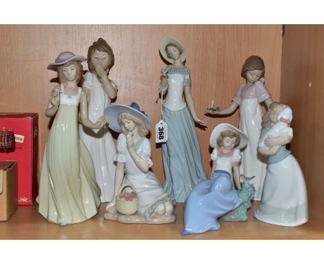 SEVEN NAO FIGURINES, comprising Girl Yawning, Gentle Breeze (loss of one flower petal), Listening to the Bird's Song (repaire