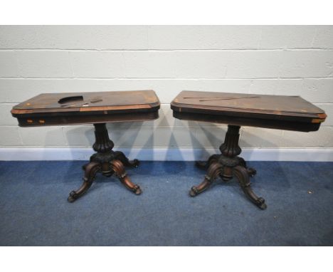 A PAIR OF EARLY VICTORIAN ROSEWOOD CARD TABLES, each with figured rectangular top and moulded edges, the fold over top is enc