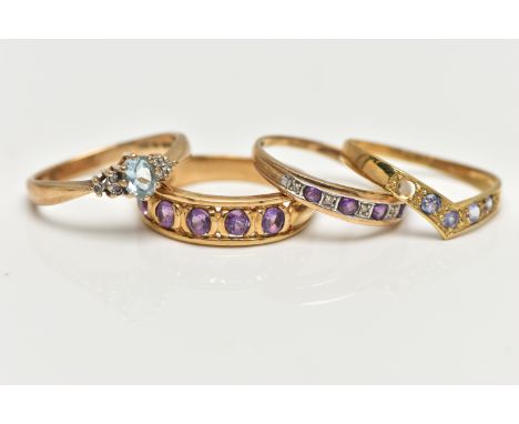 FOUR GEM SET RINGS, to include a five stone amethyst ring, hallmarked 9ct Sheffield, ring size O, an oval cut aquamarine, fla