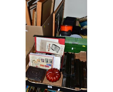 THREE BOXES OF PICTURES, MAH-JONG SET AND ACCESSORIES, STAMPS, PLANTERS AND SUNDRY ITEMS, to include a cased mahjong set, fou