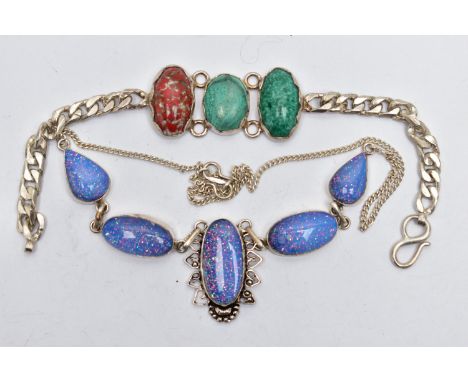 A NECKLACE AND BRACELET, the necklace designed with a series of resin and glitter links, each collet set into a white metal m