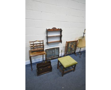 A SELECTION OF OCCASIONAL FURNITURE, to include needlework fire screen, Edwardian wall shelf, mahogany swing mirror, two maga