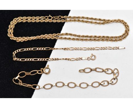 A 9CT YELLOW GOLD ROPE TWIST CHAIN AND TWO BRACELETS, the rope twist chain fitted with a spring clasp, hallmarked 9ct Birming