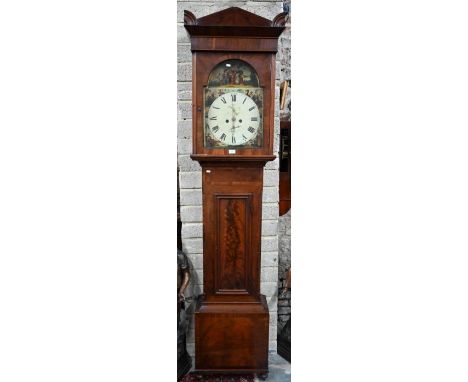 A Victorian cross-banded figured mahogany longcase clock, the 8-day movement with 50 cm h enamelled arched dial, decorated wi