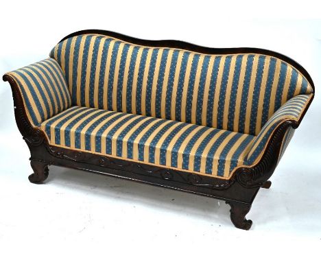 A Regency rosewood framed Biedermeier style satin upholstered sofa, on moulded scroll feet 204 cm x 72 cm x 100 cm h o/a the 