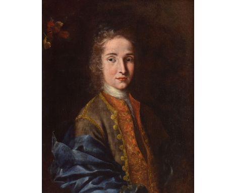 18th Century Italian School - Oil on canvas - Portrait of a nobleman, unsigned, with indistinct motif or crest in top left ha