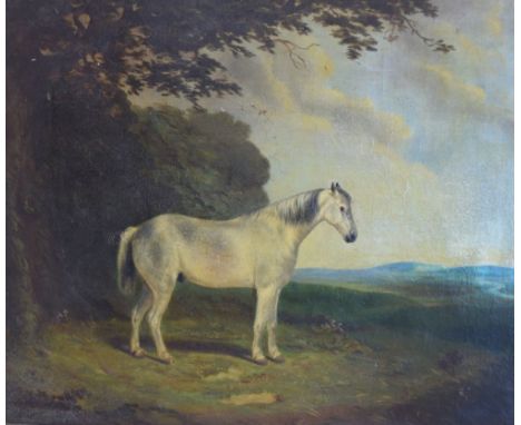 19th Century English School - Oil on canvas - Portrait of a dappled grey horse in a landscape, 49.5cm x 60cm, unsigned, in a 