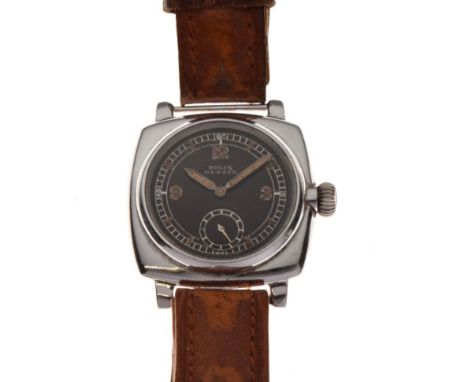 Rolex - 1930's Military style Oyster square cushion cased chromed metal wristwatch, serial no: 51151, circular black dial, wi