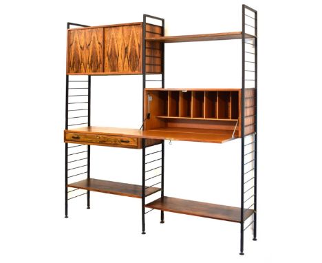 Modern Design - Staples Ladderax modular shelving, comprising: two banks of square section metal racking with rosewood fittin