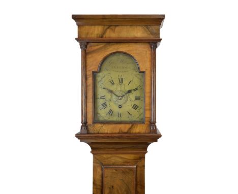 Local Interest - Walnut-cased 30-hour brass dial long case clock, of small proportions, the eight-inch break-arched dial sign