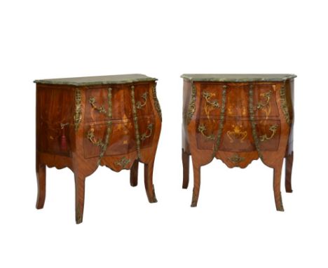 Pair of marble-top kingwood and marquetry bombé commode chests, late 20th Century, each having a serpentine verde antico marb