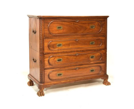 Late 19th Century Chinese Export camphor wood Campaign-style chest of drawers, attributed to Sui Kee Chan, Hong Kong, the upp