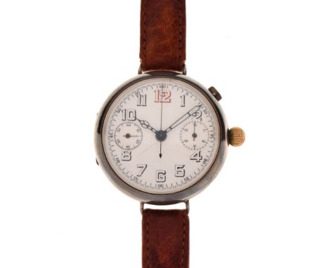 World War I period silver cased Pilot's chronograph wristwatch, the white dial with Arabic numerals, and a red 12, minutes, s