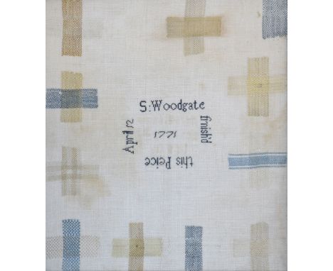 Early George III 'Darning' sampler, 'S.Woodgate finish'd this Peice [sic] April 12 1771, within a border of cross motifs, in 