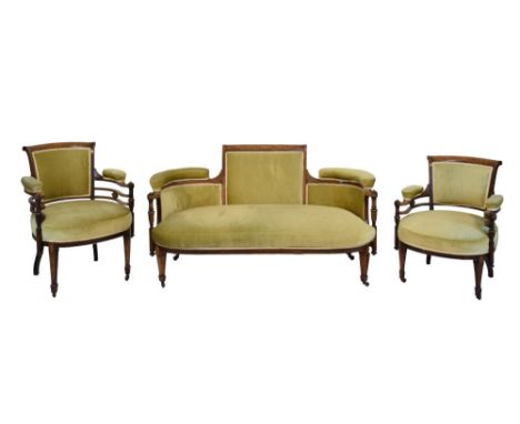 Edwardian inlaid rosewood three piece salon or parlour suite comprising: a double scroll-end settee, 167cm wide, gentleman's 