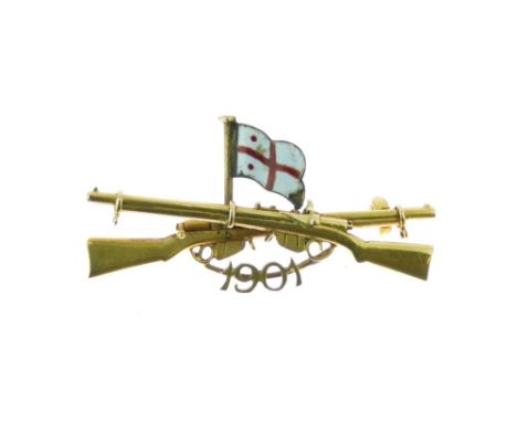 Gold sweetheart brooch, stamped '15ct', the crossed rifles with an enamelled flag above, 1901 below, 3.8g gross Condition: Lo
