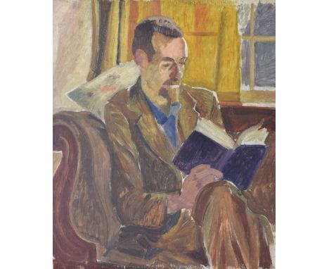 Kathleen Hale OBE (1898-2000) - Oil on board (double sided) - Portrait of Douglas McClean, the artists husband, reading a boo