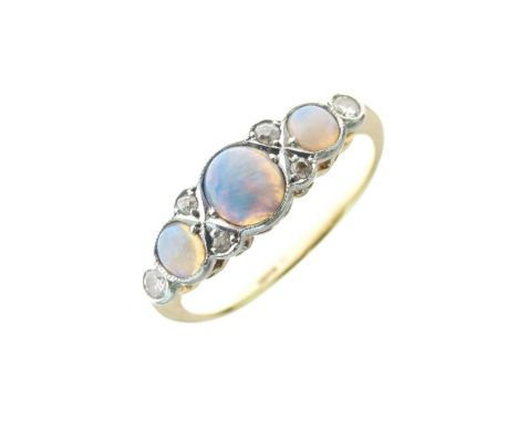 Opal and diamond ring, stamped '18ct', the three graduated round cabochons with single cut diamonds between and to either end