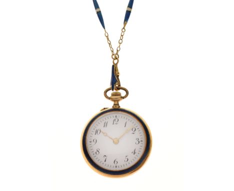 Early 20th Century diamond set enamel fob watch on chain, the unsigned white enamel dial with black Arabic numerals, gilt han