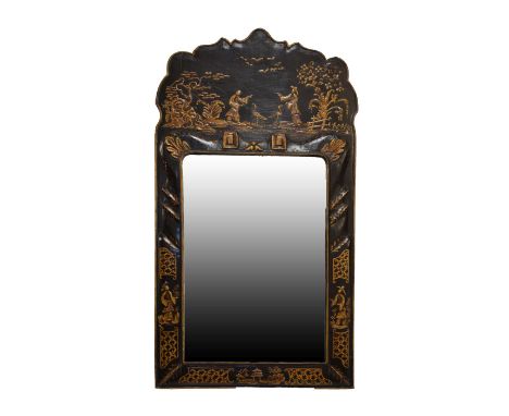 Black-lacquered chinoiserie wall or pier mirror, in the George II taste, the plain mirror plate within cushion-moulded border