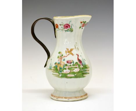 18th Century Chinese Canton Famille Rose porcelain jug or ewer, of reeded baluster form decorated with birds, metal strap han