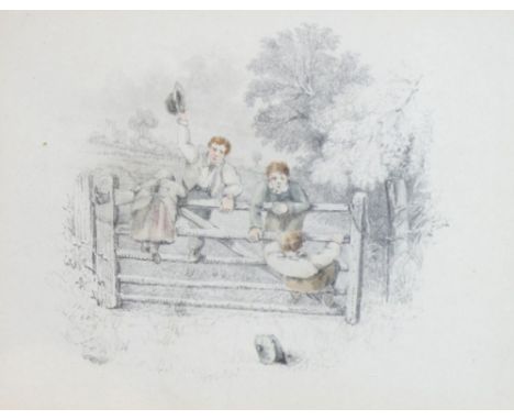 19th Century English School - Pencil and watercolour - Four children playing on a five bar gate, 9cm x 12cm, bearing Richard 