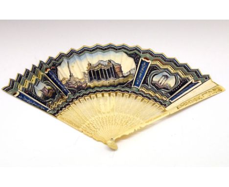 Late 18th or early 19th Century Italian Grand Tour souvenir fan, decorated with a view of the Pantheon between two further vi