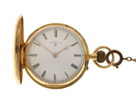 Rotherhams - 18ct gold half hunter fob watch, the signed white enamel dial with black Roman numerals and gilt hands, the thre