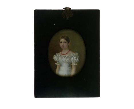 Early 19th Century oval portrait miniature - Young girl with white dress, 83mm x 64mm, in an ebonised rectangular frame Condi