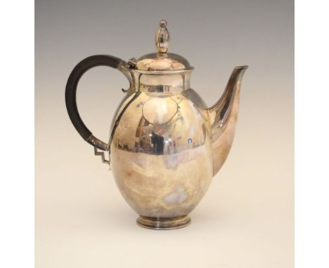 Edward VIII silver ovoid coffee pot, with C-scroll handle and hinged lid, marks worn but possibly sponsors mark of S.Blancken