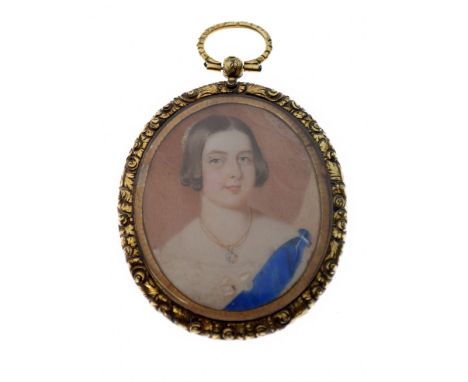 Early Victorian portrait miniature, seemingly unsigned, under glass to a gilt metal oval frame with chased border, 6cm long e