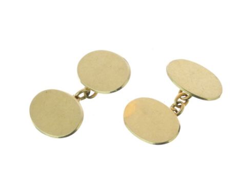 Pair of 18 carat gold cufflinks, Birmingham 1910, the plain oval panels with chain connections, 10g gross Condition: Light ov