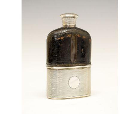 Asprey (retailer) - Victorian silver-mounted glass hip flask, with leather covering, screw cap and detachable cup with engine