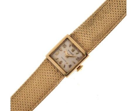 Rolex Precision - Lady's 9ct gold mechanical bracelet watch, the white square signed dial with gilt batons, even Arabic numer