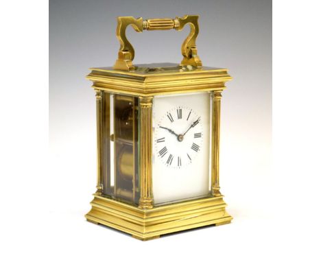Late 19th Century brass-cased repeater carriage clock, with white Roman dial and two-train movement with lever platform escap