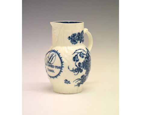 18th Century Caughley Salopian blue transfer-printed porcelain mask jug, the leaf-moulded body with floral spray decoration a