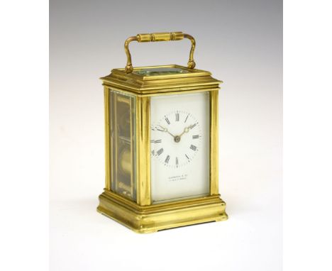 Late 19th Century brass-cased carriage clock, retailed by Elkington &amp; Co, 22 Regent Street, with white Roman dial and moo